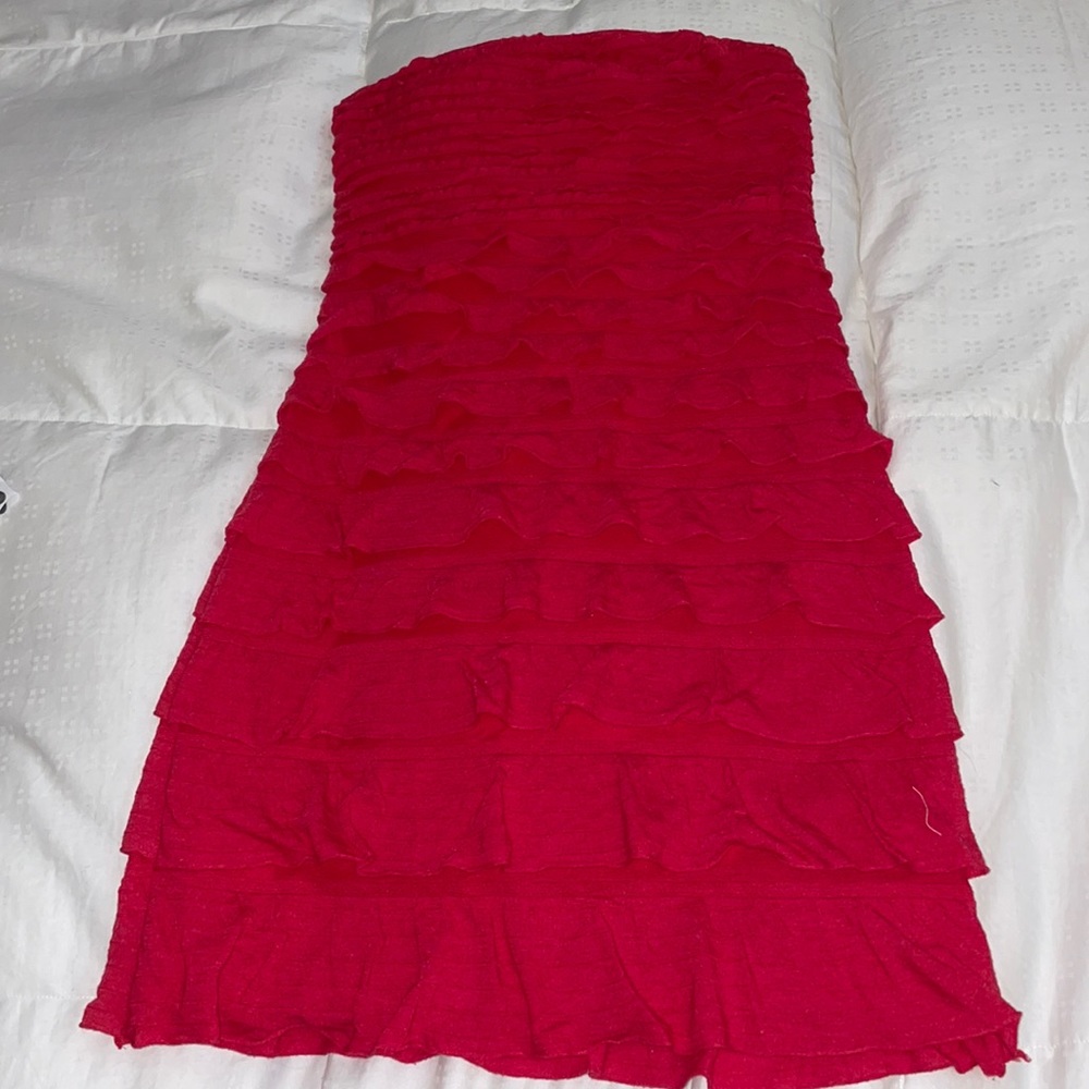 Express red strapless dress with ruffles
